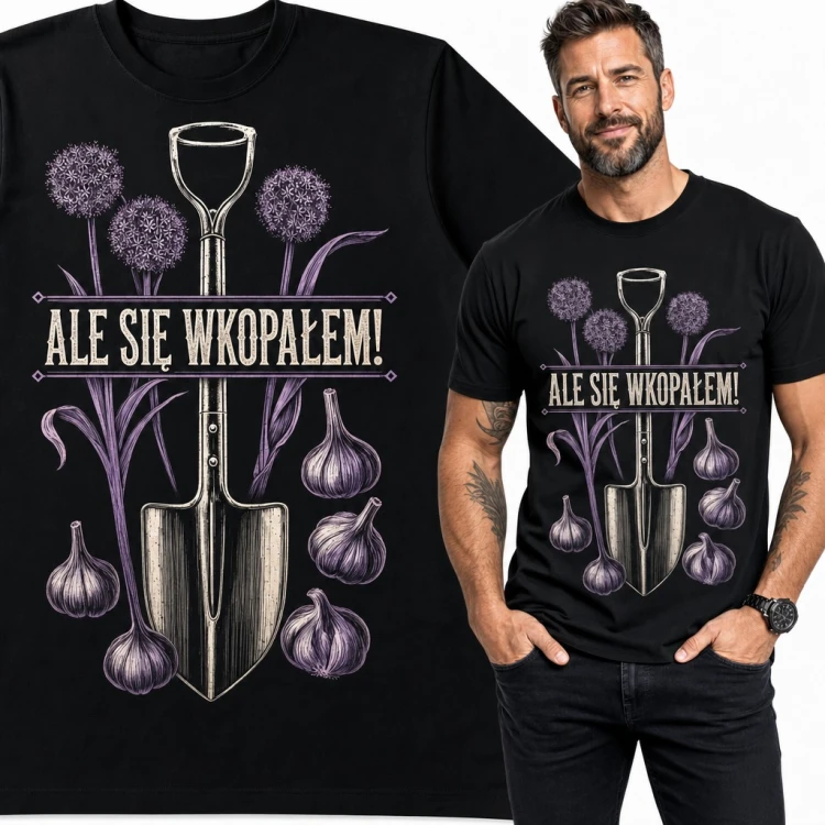 Koszulka męska dla ogrodnika ze szpadlem i czosnkiem „Ale się wkopałem!”