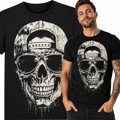 Koszulka męska czaszka w czapce z daszkiem i okularach pilotkach - grunge streetwear