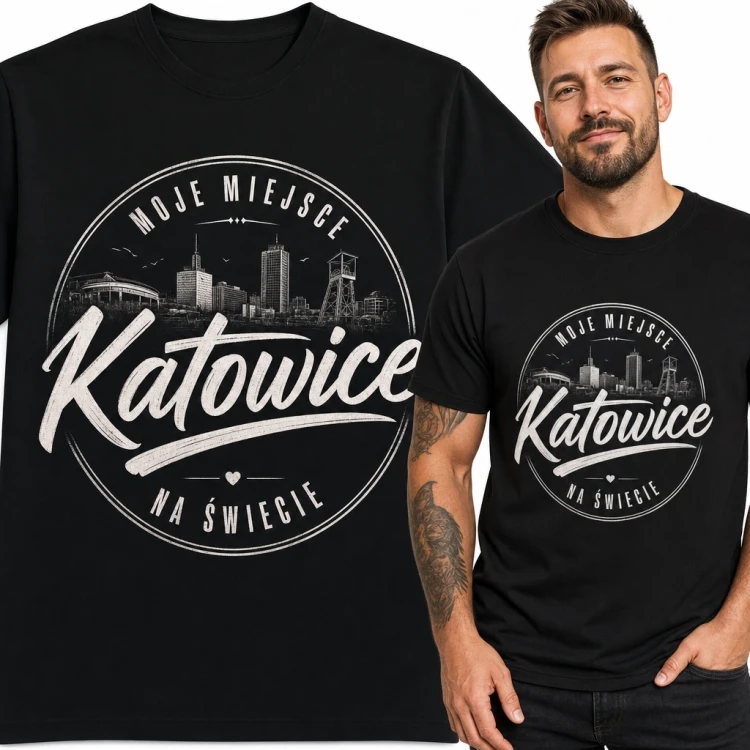 Koszulka męska z panoramą Katowic „Katowice - moje miejsce na świecie” - retro