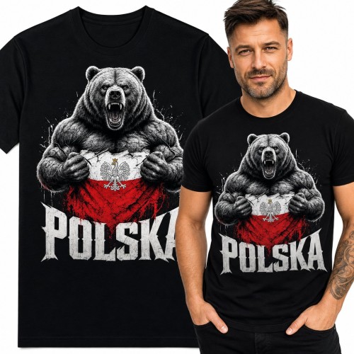Koszulka męska „Polska” - ryczący niedźwiedź rozrywający pierś z flagą i orłem