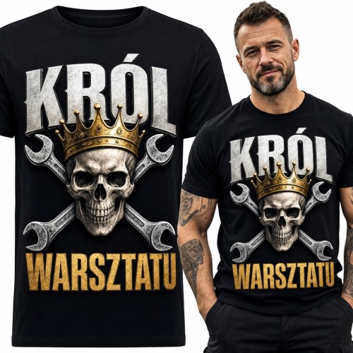 Koszulka męska „Król warsztatu” - czaszka w koronie i klucze dla mechanika