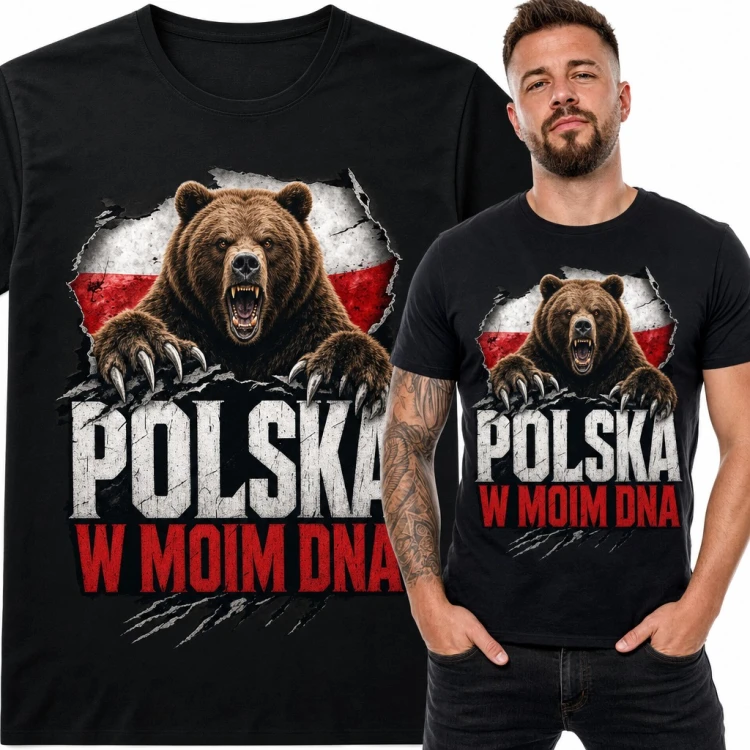 Koszulka męska „Polska w moim DNA” - ryczący niedźwiedź i flaga