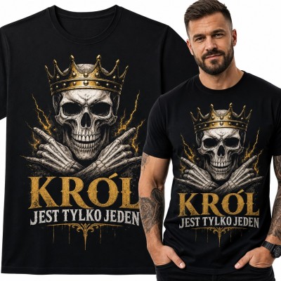 Koszulka męska z czaszką w koronie i rogami rockowymi „Król jest tylko jeden”