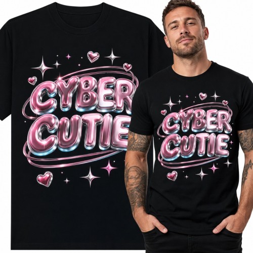 Koszulka męska „Cyber Cutie” - chromowany napis Y2K z serduszkami
