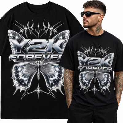 Koszulka męska „Y2K Forever” - chromowany motyl i cyber tribal