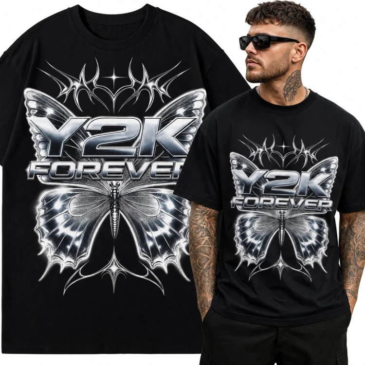 Koszulka męska „Y2K Forever” - chromowany motyl i cyber tribal