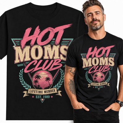 Koszulka męska „Hot moms club” - retro emblemat z palmami i dożywotnim członkostwem