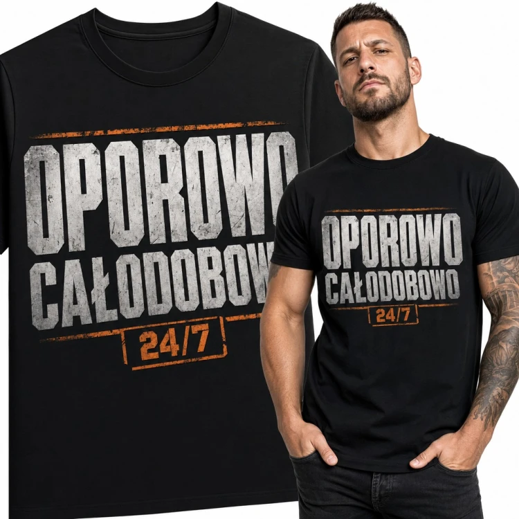 Koszulka męska z napisem „Oporowo całodobowo 24/7” - śmieszny prezent dla imprezowicza
