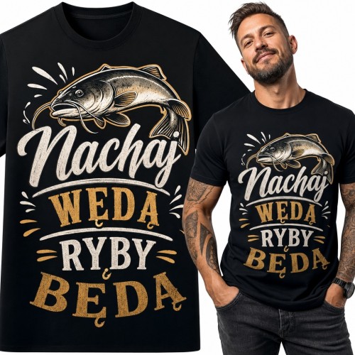 Koszulka męska z sumem „Machaj wędą ryby będą” - wzór wędkarski retro
