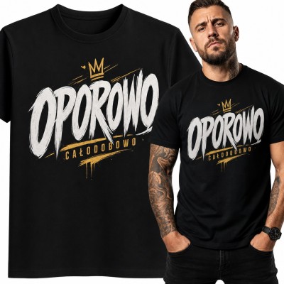 Koszulka męska „Oporowo całodobowo” - graffiti ze złotą koroną