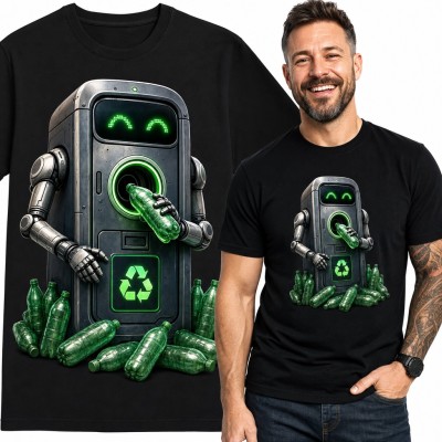 Koszulka męska robot butelkomat z butelkami - recykling dla ekologa