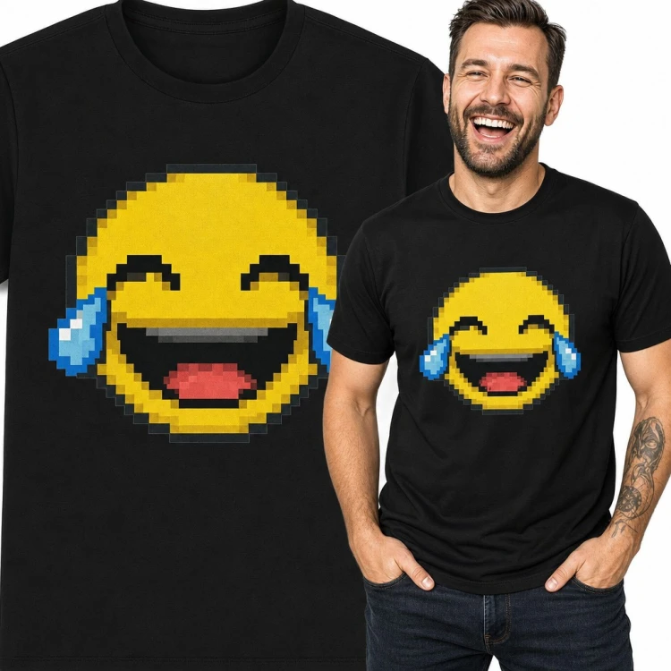 Koszulka męska z pikselową emotką płaczącą ze śmiechu - pixel art emoji