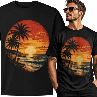Koszulka męska tropikalny zachód słońca z palmami - retro plaża nad oceanem