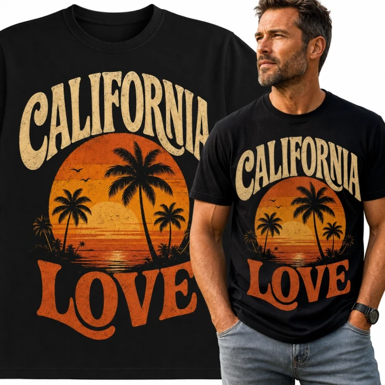 Koszulka męska „California Love” - retro zachód słońca z palmami