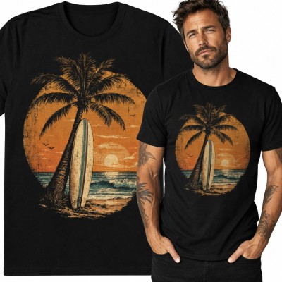 Koszulka męska z deską surfingową pod palmą - retro zachód słońca nad oceanem