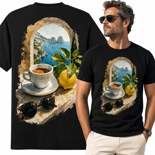 Koszulka męska espresso z cytryną i widokiem na Capri - akwarela w stylu włoskim