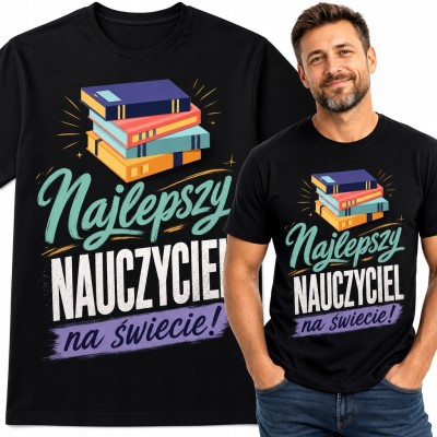 Koszulka męska dla nauczyciela „Najlepszy nauczyciel na świecie!” - stos kolorowych książek