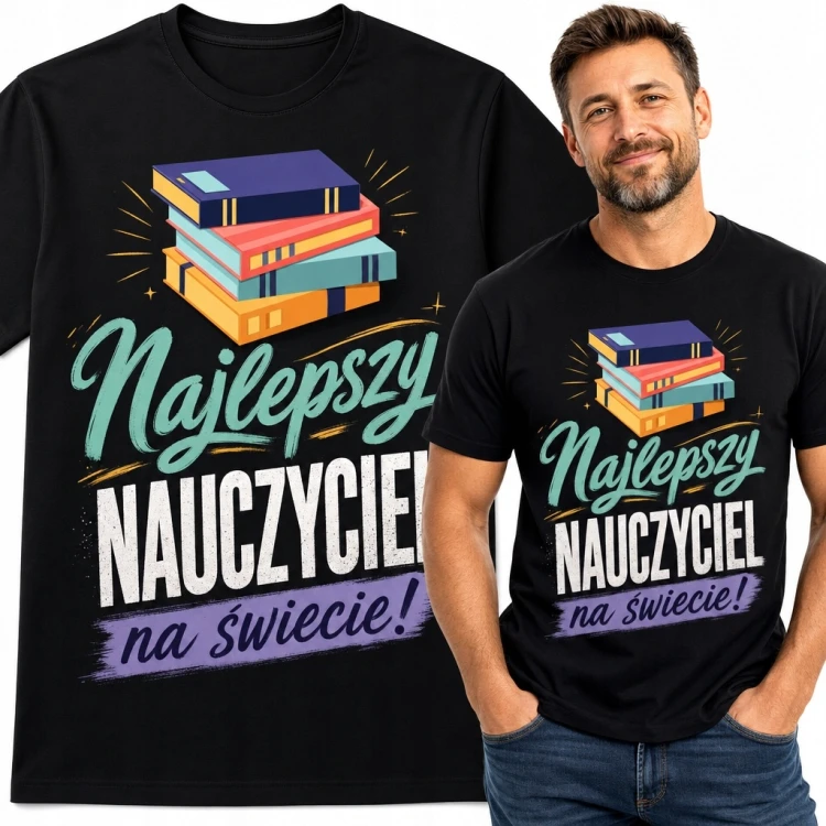 Koszulka męska dla nauczyciela „Najlepszy nauczyciel na świecie!” - stos kolorowych książek
