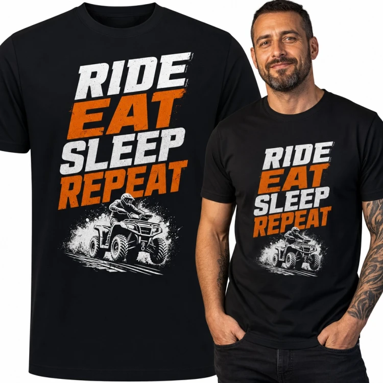 Koszulka męska z quadem w terenie i napisem „Ride Eat Sleep Repeat” - dla quadowca