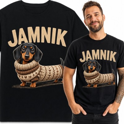 Koszulka męska „Jamnik” - pies w długim swetrze z golfem