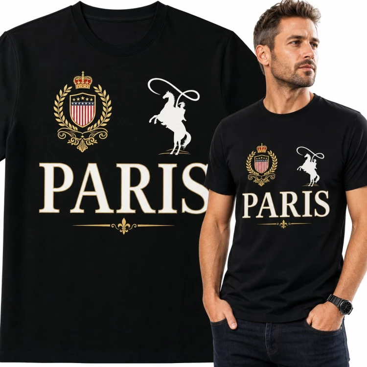 Koszulka męska „Paris” - herb z koroną i kowboj na koniu