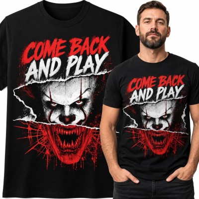 Koszulka męska upiorny klaun z kłami „Come back and play” - horror