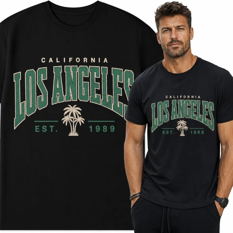 Koszulka męska „Los Angeles” - napis California w stylu college z palmami i Est. 1989