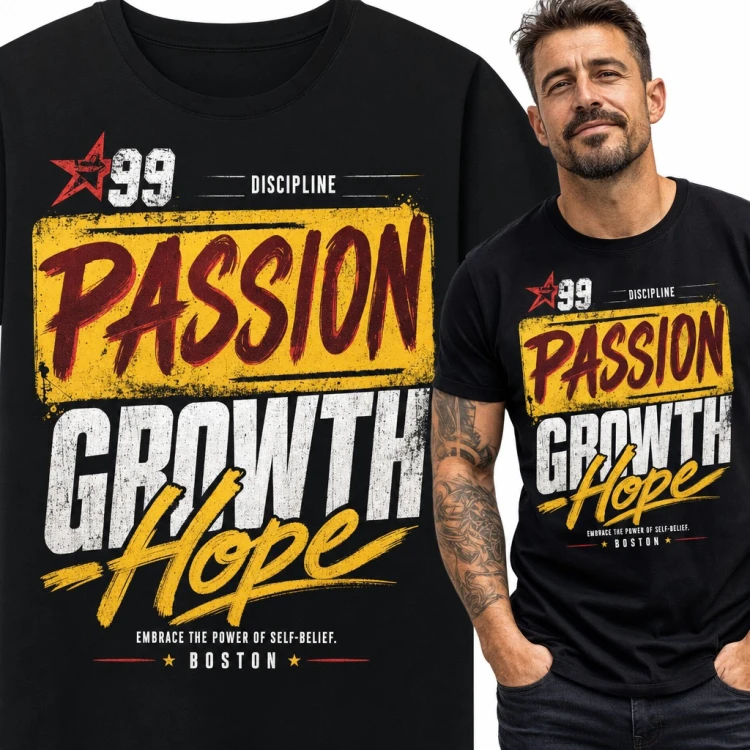 Koszulka męska „Passion Growth Hope” - motywacyjny napis Boston w stylu grunge