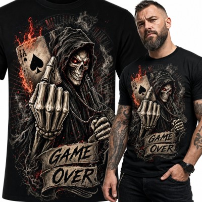 Koszulka męska kostucha z płonącym asem pik i środkowym palcem - „Game over”