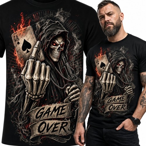 Koszulka męska kostucha z płonącym asem pik i środkowym palcem - „Game over”