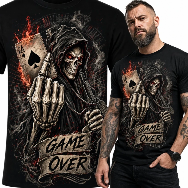 Koszulka męska kostucha z płonącym asem pik i środkowym palcem - „Game over”