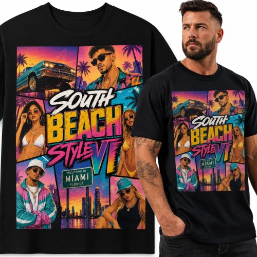 Koszulka męska „South Beach Style VI” - kolaż Miami z lowriderem i palmami