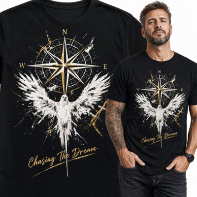 Koszulka męska „Chasing the Dream” - róża wiatrów i biały ptak dla podróżnika