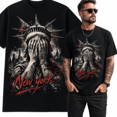 Koszulka męska „New york” - Statua Wolności zasłaniająca twarz w stylu grunge