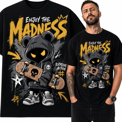 Koszulka męska „Enjoy the Madness” - miś w kapturze z deskorolką dla skejta