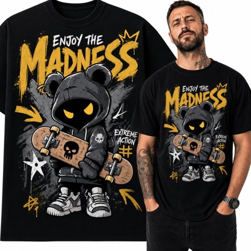Koszulka męska „Enjoy the Madness” - miś w kapturze z deskorolką dla skejta