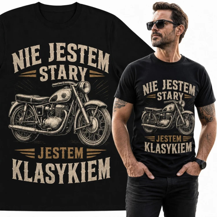 Koszulka męska „Nie jestem stary, jestem klasykiem” - zabytkowy motocykl dla motocyklisty