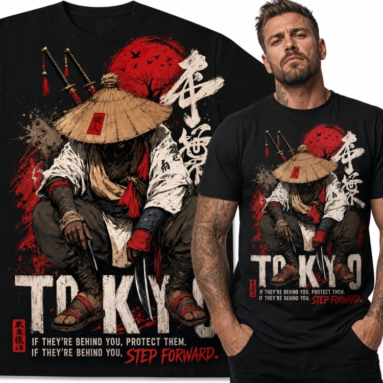 Koszulka męska „Tokyo” - samuraj ronin z kataną i czerwonym słońcem