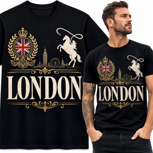 Koszulka męska „London” - herb z flagą UK, Big Ben i koń