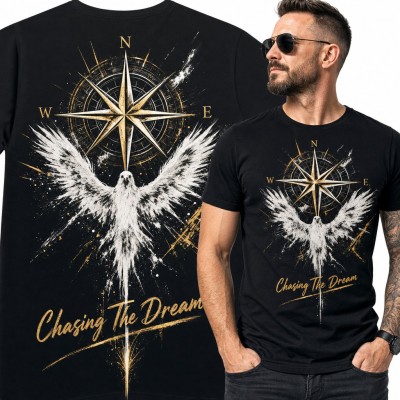 Koszulka męska „Chasing the Dream” - złota róża wiatrów i biały gołąb