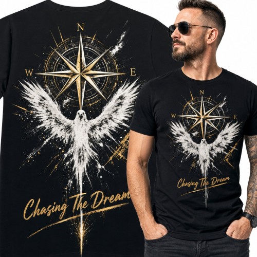 Koszulka męska „Chasing the Dream” - złota róża wiatrów i biały gołąb
