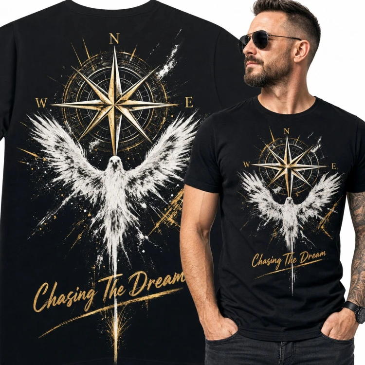 Koszulka męska „Chasing the Dream” - złota róża wiatrów i biały gołąb