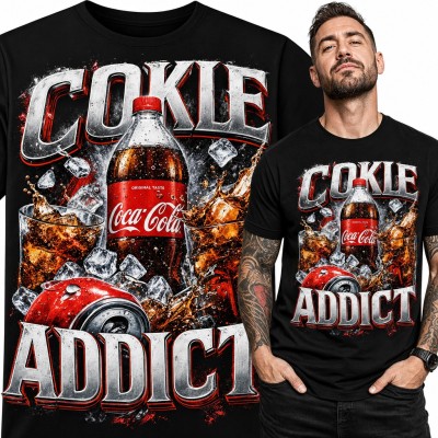 Koszulka męska „Cokle Addict” - butelka coli, puszka i lód dla fana coli