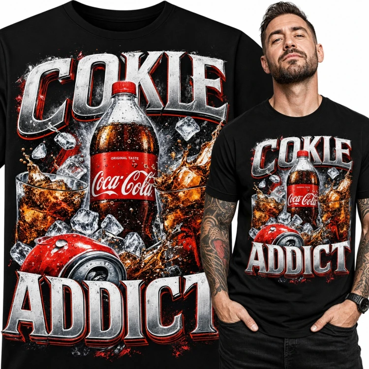Koszulka męska „Cokle Addict” - butelka coli, puszka i lód dla fana coli