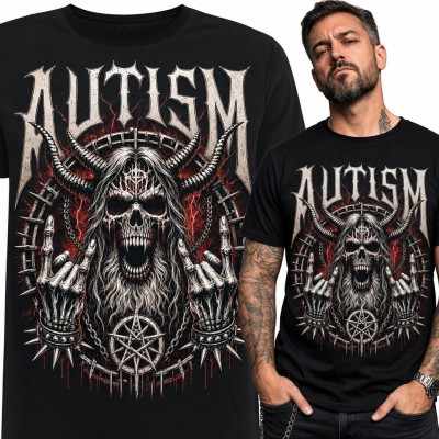 Koszulka męska „Autism” - metalowa czaszka z rogami dla fana metalu