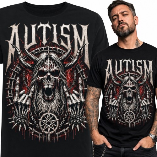 Koszulka męska „Autism” - metalowa czaszka z rogami dla fana metalu
