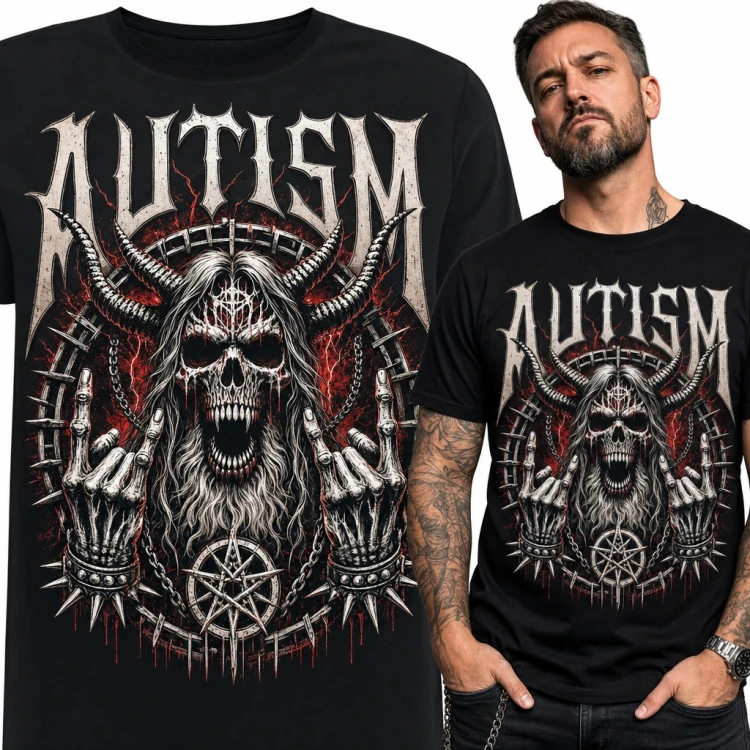 Koszulka męska „Autism” - metalowa czaszka z rogami dla fana metalu