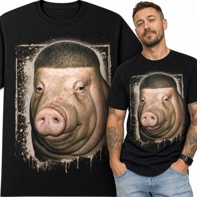 Koszulka męska świnia z fryzurą na jeża - realistyczny mem w ramce grunge