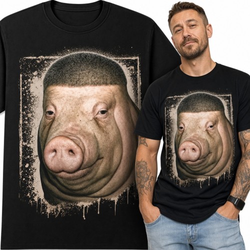 Koszulka męska świnia z fryzurą na jeża - realistyczny mem w ramce grunge