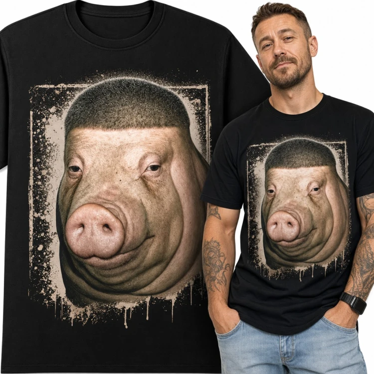 Koszulka męska świnia z fryzurą na jeża - realistyczny mem w ramce grunge